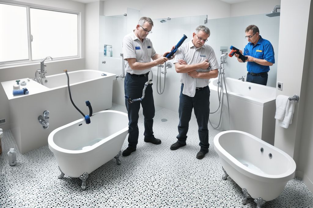 יועץ אינסטלציה וטכנאים בודקים נזילה בחדר רחצה