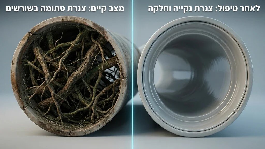 נוצר על ידי מודל בינה מלאכותית Gemini Pro צנרת ביוב לפני ואחרי כרסום שורשים מקיף