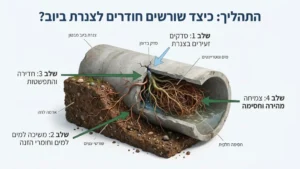 המחשה של צמחייה החודרת לתוך צינור ביוב תת קרקעי ויוצרת חסימה
