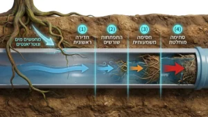 שורשי עץ חודרים לצינור ביוב תת קרקעי ויוצרים סתימה