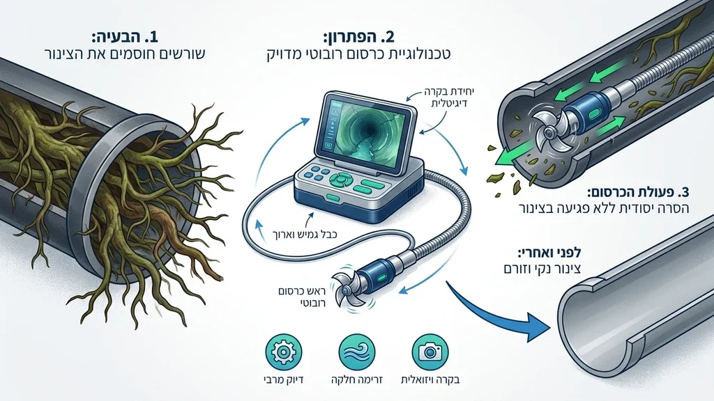 איש מקצוע מפעיל ציוד רובוטי לכרסום שורשים בצנרת
