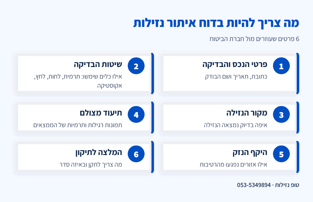 אינפוגרפיקה: 6 פרטים שצריכים להופיע בדוח איתור נזילות לביטוח – פרטי הנכס והבדיקה, שיטות הבדיקה, מקור הנזילה, תיעוד מצולם, היקף הנזק והמלצה לתיקון