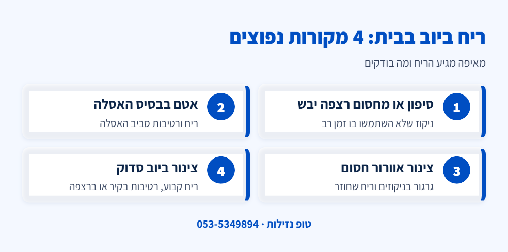 אינפוגרפיקה: 4 מקורות נפוצים לריח ביוב בבית – סיפון או מחסום רצפה יבש, אטם פגום בבסיס האסלה, צינור אוורור חסום וצינור ביוב סדוק