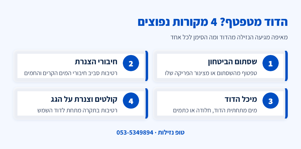אינפוגרפיקה: 4 מקורות נפוצים לנזילה מהדוד – שסתום הביטחון, חיבורי הצנרת, מיכל הדוד עצמו, והקולטים והצנרת על הגג