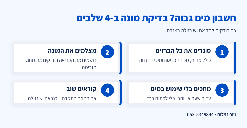 אינפוגרפיקה: בדיקת מונה מים ב-4 שלבים – סוגרים את כל הברזים, מצלמים את קריאת המונה, מחכים בלי שימוש במים וקוראים שוב כדי לראות אם יש נזילה